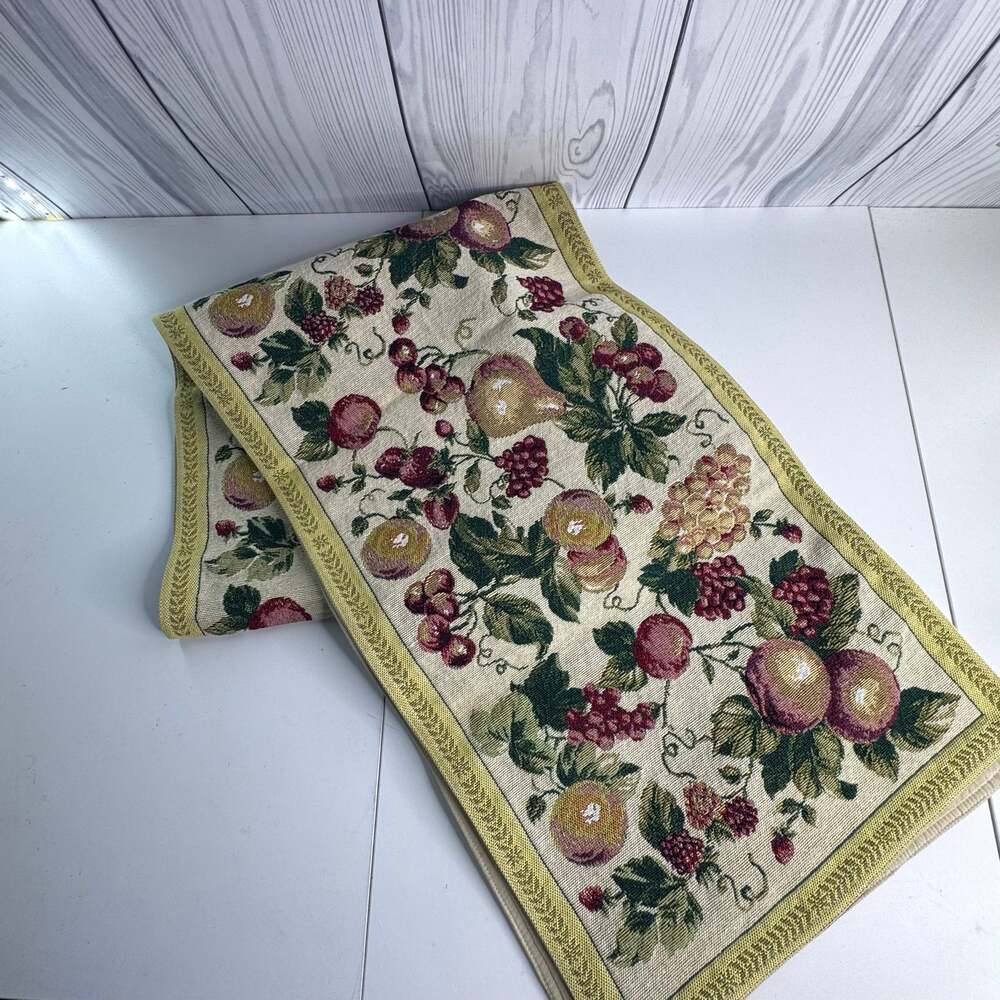 Vtg Table Runner Fruit Autumn Thanksgiving Woven Holiday Decor 13x35 Cottage